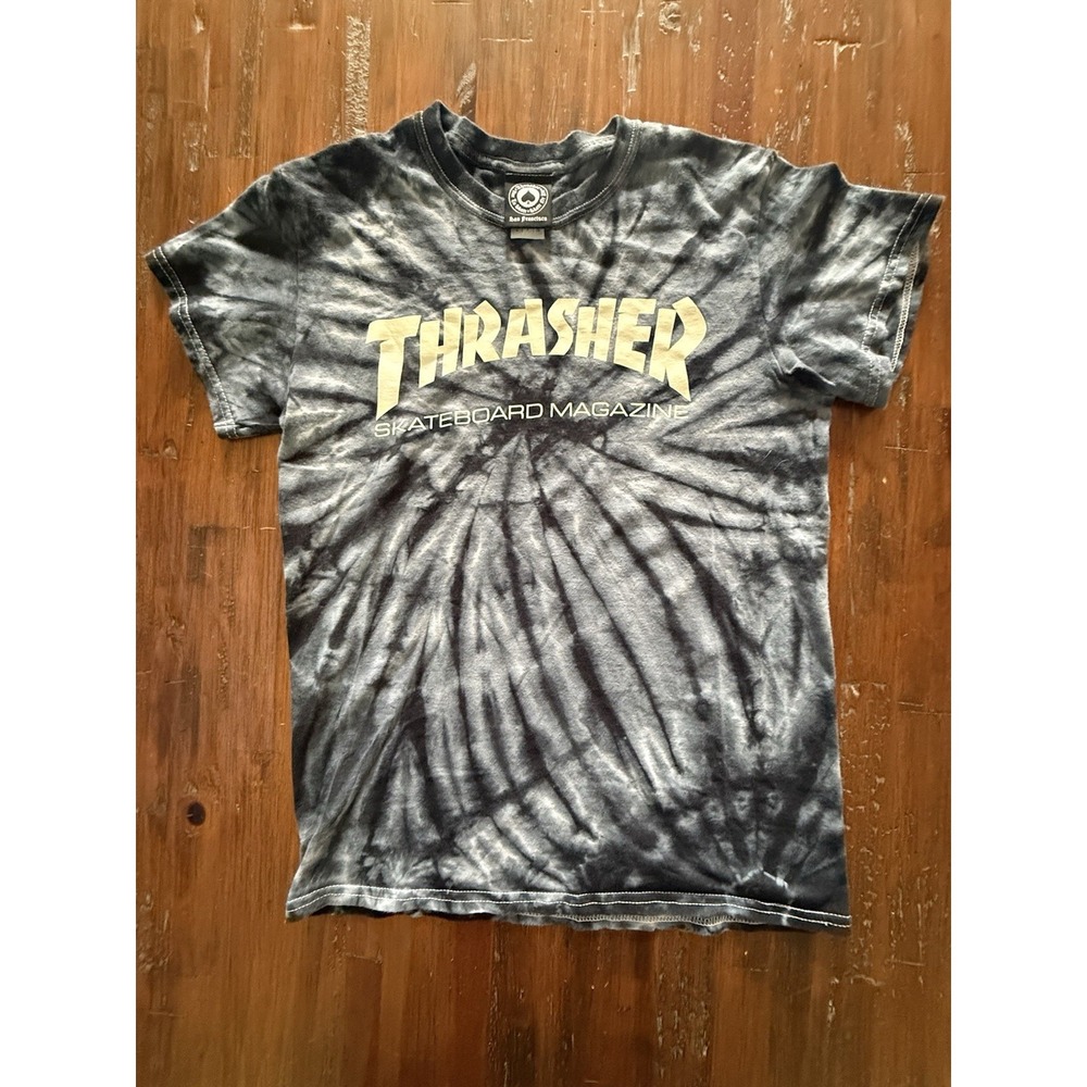 Thrasher Skateboard Magazine Tie‎ Dye T Shirt Mens Small Black Gray Logo Tee